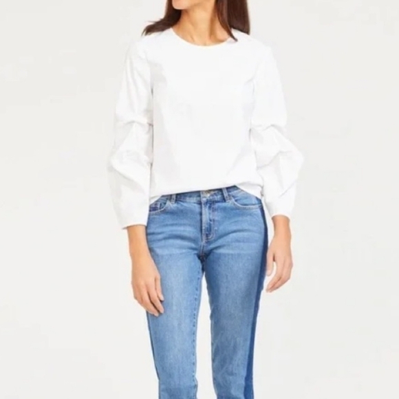 J. McLaughlin Clara White‎ Ruched Sleeve Crewneck Blouse Large - Picture 1 of 8